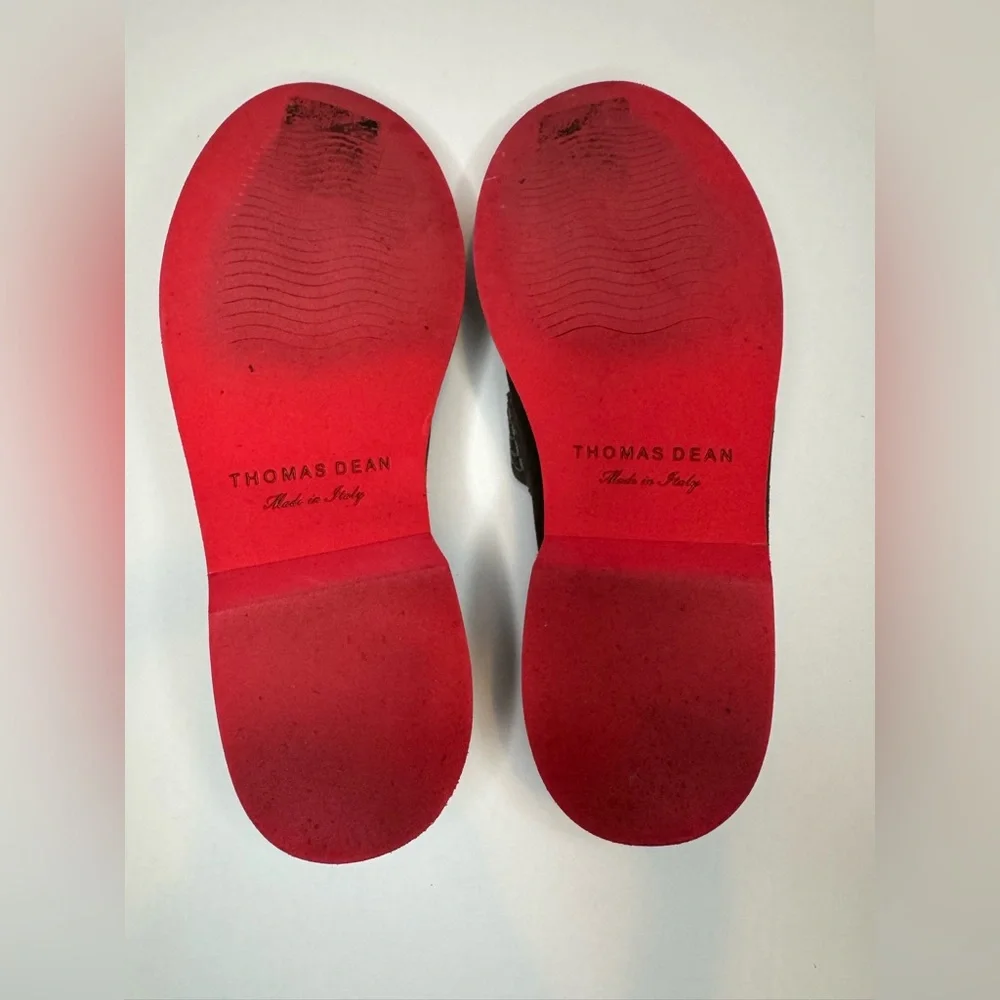 Thomas Dean Taupe Suede Loafers with Vibrant Red Soles Size 9